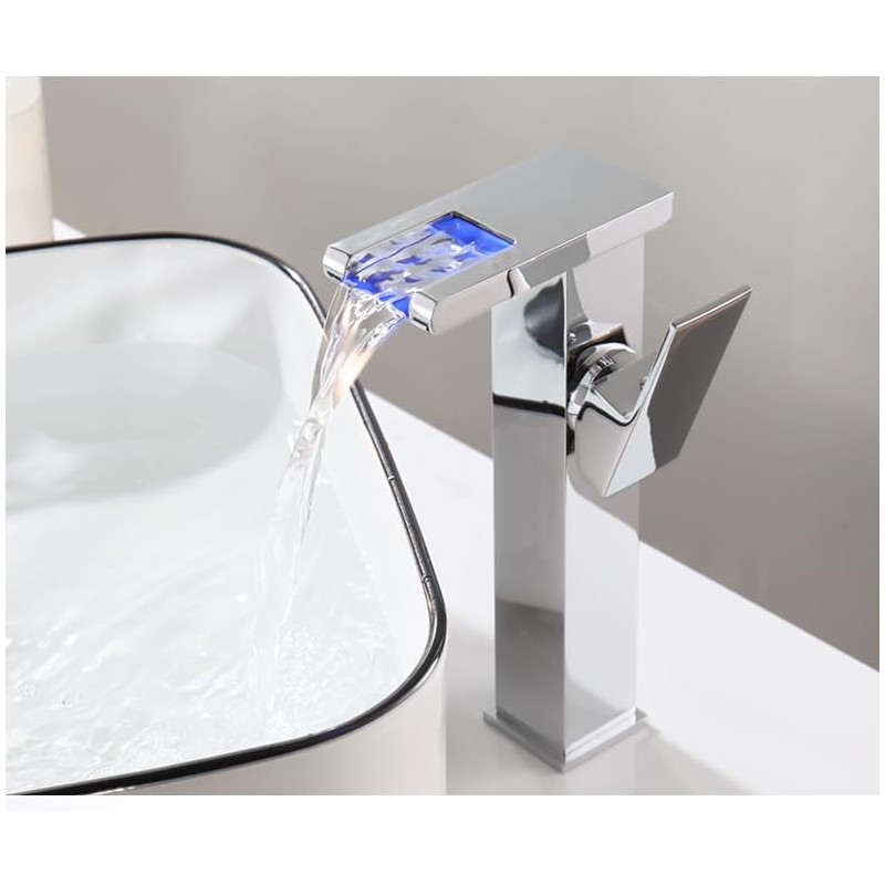 Chrome Bathroom Vessel Faucet Led Light 3 Color Changing Waterfall