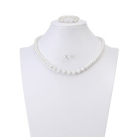 LZMEI 6mm White 14.5inch Faux Glass Imitation Crystal Glass Imitation Pearls Necklace Bracelet Earring Clay beads Pendant Jewelry 3 set gifts For Girls Kids