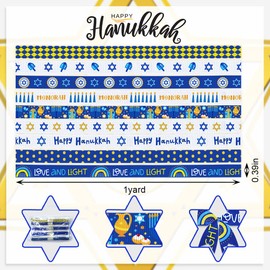 Hying 9 Rolls Happy Hanukkah Ribbons for Wrapping Gifts, White Blue Ribbon for Jewish Gift Wrapping Party Decoration DIY, 3/8" X 9 Yards Chanukah Star of David Menorah Grosgrain Ribbons for Jewish