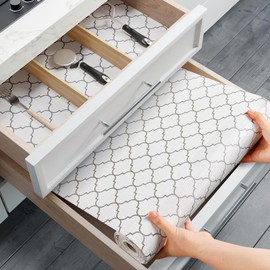 Bounmer Drawer Shelf Liners for Kitchen Cabinets Non Adhesive, Home Kitchen Gadgets Accessories Organization 2024 Must Haves for Kitchen Cupboard Dressers and Shelves (White Quatrefoil, 17.5" × 10')