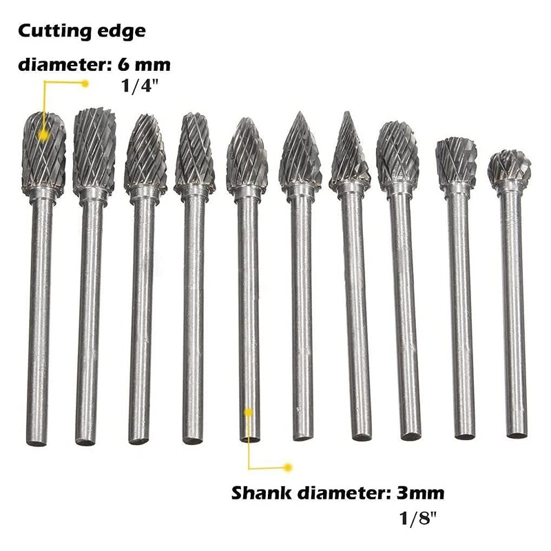 Gasea 10pcs 1/8”(3mm) Shank Rotary Burr Double Cut Tungsten Carbide
