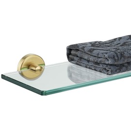 JQK Bathroom Glass Shelf Gold, Tempered Glass Shower Storage 16 by 5 inches, 304 Stainless Steel Brushed Gold Wall Mount, TGS101-BG