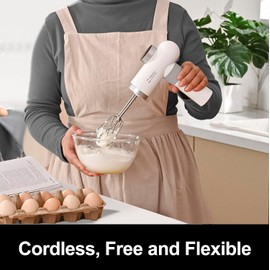 Kitchen in the box Cordless Rechargeable Handheld Mixer for Kitchen, Portable Electric Kitchen Mixer with Beaters, Whisks, 6-Speed Digital Display, Charging Base and USB-C Charge Cable (Pearl White)