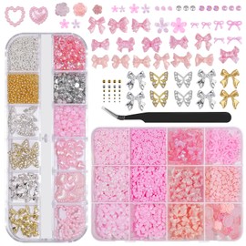 3D Nail Charms and Gems Set,Nail Bows Charms and Small Flowers,3D Flowers for Nails with Rose,Petal,Caviar Beads,Flatback Crystals,Pearls,Y2K Alloy Butterfly Bow with Tweezers for Nail DIY (Pink)