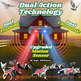 Solar Ultrasonic Animal Repellent Outdoor - Motion Activated Deterrent with Flashing LED Lights - Waterproof Yard & Garden Protector for Deer, Cat, Squirrel, Raccon, Rodents, Bird Repeller (1 Pack)