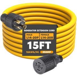 Tellegloww 15 ft 20 Amp Generator Extension Cord Compatible with NEMA L14-20P Male Plug to L14-20R Female Receptacle 4 Prong Twist Locking Generator Power Cord, STW 4x12 Gauge, 250 Volt 5000 Watts