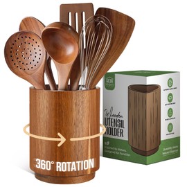 Linda's Essentials Acacia Wooden Utensil Holder for Kitchen Counter, Wood Utensil Holder Counter, Kitchen Utensils Holder with 360° Rotation, Non-Slip Large Utensils Holders, Spatula Holders