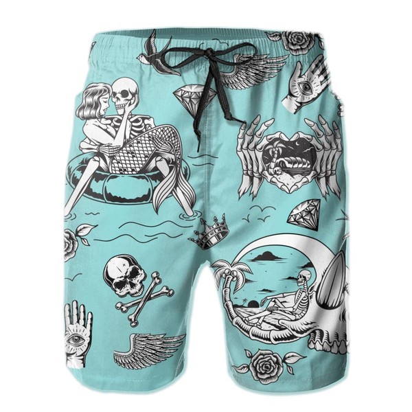 FREEHOTU Men's Swim Trunks Bluemint Skull Mermaid Skeleton Teal Beach