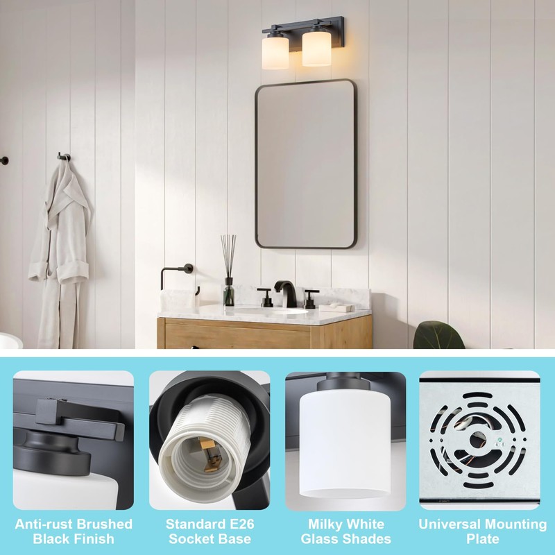 BrkNit 2 Light Modern Bathroom Light Fixtures Over Mirror, Black