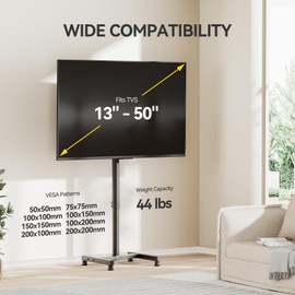 AM alphamount AM alphamount TV Floor Stand for 13-50 inch Flat/Curved TVs up to 44 lbs, 8 Level Height Adjustable Monitor Floor TV Stand with VESA 200x200, Portable TV Mount Stand for Living Room, Bedroom, Office