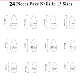 Tavvke 24 Pcs French Tip Press On Nails, Medium Almond Fake Nails with Colorful Fruit Swirl Floral Designs, Full Cover Nail for Women and Girls