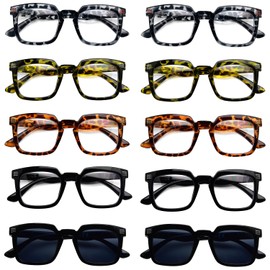 CessBlu 10 Pack Square Eyeglasses for Women with Spring Hinges Ladies Stylish Readers include 2 Sunglasses without Magnification