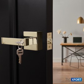 XFORT Quad Entrance Knob Set Polished Brass, Door Knob with Lock for Internal Wooden Doors, Complete Set with Tubular Latch and 3 Keys