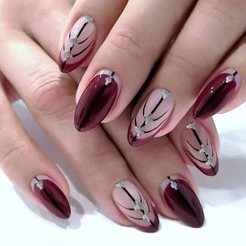 24Pcs Purple Press on Nails Almond Short Glossy Full Cover Acrylic French False Nails with Black Line Designs Artificial Natural Fake Nails with Glue Stick on Nails for Women Girls