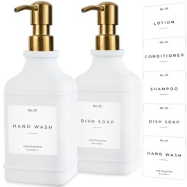 Emerson Essentials Soap Dispenser, Dish Soap Dispenser, Soap Dispenser Bathroom Set, Hand Soap Dispenser, Kitchen Soap Dispenser Set, Glass Soap Dispenser with Pump and Labels - 16 Oz, 2-Pack