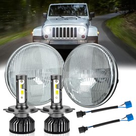 HMCYCI 4pcs H6024 7 inch glass round headlight housing H4/9003 Dual Beam Headlight LED Bulbs Compatible with Wrangler JK LJ TJ CJ