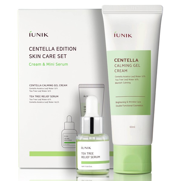 iUNIK Centella Edition Skincare Set (Cream 2.02 fl.oz. & Mini Serum 0.51 fl.oz.) - Centella Asiatica and Tea Tree Leaf Waters to Soothe, Calm, Moisturize, and Protect the Skin
