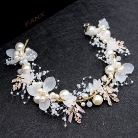 FM2018XSL Bridal Flower Headpieces for Wedding Pearl Bridal Headband Leaf Bride Hair Accessories for Women and Girls (White, 1.77 * 12.8")
