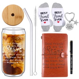 Teenyyou 5 Pcs Friendship Gifts for Women Friend Easter Graduation BFF Bestie Good Friends Are Like Stars 16 oz Glass Cup, Socks and Keychain Hardcover Leather Journal with Ballpoint Pen for Birthday