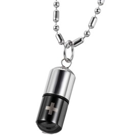 Flongo SOS Anhänger, Damenkette Herrenkette Edelstahl Anhänger Halskette Schwarz Silber Kruzifix Kreuz SOS Notfall-Kapsel Herren Damen, mit 55cm Kette