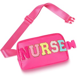 Nurse Bag Chenille Letter Patch Belt Nurse Bags Nurse Gift Cosmetic Bag Hot Pink Purse Crossbody Bag Nylon Adjustable Strap for Women Friends Coworkers Zipper Makeup Pouch