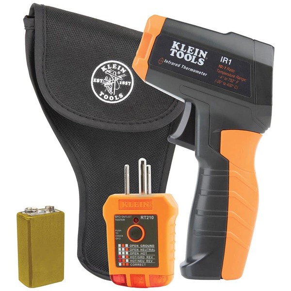 Klein Tools IR1KIT Infrared Thermometer and GFCI Receptacle Tester Kit, Non-Contact Digital Temperature Measurement and Electrical Tester