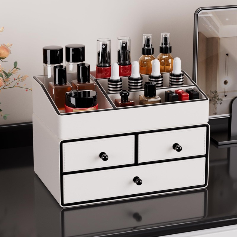 GORESE Leather Makeup Organizer with Drawers for Vanity, Stackable Skincare