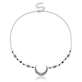 Yalice Boho Crescent Moon Head Chain Vintage Black Crystal Headband Chain Rhinestone Headpieces Witchy Forehead Chain for Women (Silver-Black, One Size)