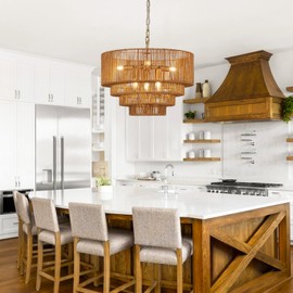 YOMECOO 19.7" Hand-Woven Rattan Chandelier Vintage Farmhouse 6-Lights Boho Bamboo Chandelier Light Fixture Retro 4-Tier Drum Wicker Rattan Golden Chandelier for Dining Room, Kitchen, E12