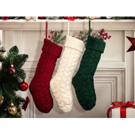 Fesciory 18 Inches Christmas Stockings Bulk, 3 Pack Large Size Cable Knitted Fireplace Hanging Stockings for Family Holiday Xmas Party Decorations, Burgundy&Ivory White&Green