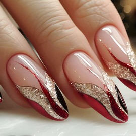 Almond Glue on Nails Medium Press on Nails French Tip Fake Nails with Black Red Lines Glitter Design Almond Medium Nails Press ons Nude Acrylic Glossy Artificial False Nails for Girls 24Pcs