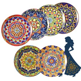 Colorful Ceramic Plate Set of 6 – 8.7 Inch Bohemian Porcelain Plates for Serving Dessert, Appetizer and Salad – Microwave and Dishwasher Safe - Perfect for Party, Daily Meals and Gift Occasions
