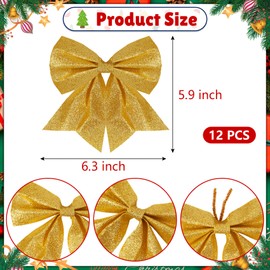 NMKL Christmas Tree Bows 12pcs Gold Bows for Christmas Tree Glitter Wreaths Bows 15CM Bows for Christmas Tree decorations Xmas Bows