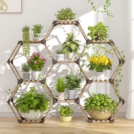 Tikea Hexagonal Plant Stand Indoor Plant Stand for Multiple Plants Outdoor Large Wooden Plant Shelf 6 Tiered 9 Potted Plant Holder Flowers Stand for Patio Balcony Window Living Room