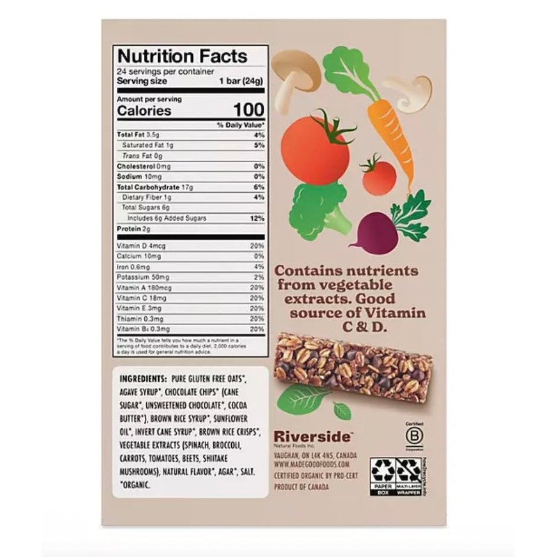 Organic Chocolate Chip Granola Bars Gluten Free, Nut Free, 24
