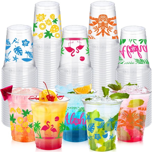 Qinyoung 100 Pcs Hawaiian Luau Cups 12 oz Tiki Tropical