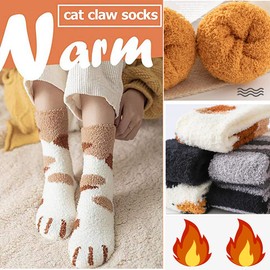 [DAMILY] Women's Socks, Fluffy Socks, Winter Socks, Room Socks, Thick, Cold Protection, Cute, Women's Socks, Girls, Dogs, Cats, Animal Pattern Socks, Winter Socks, Indoor Socks, Home Socks, Warm Socks, Cold Socks, Sleeping Room, Set of 5, 8.7 - 9.8 inches (22 - 25 cm), Cat Claw
