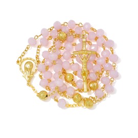 KOMI Pink Jade Crystal Rosary Beads Necklace for Women 8MM Crystal Rosary Beads Gold Plated Y Necklace Rosarios Catolicos Para Hombre…