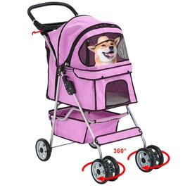 Dog Stroller Pet Stroller Cat Stroller for Medium Small Dogs Foldable Travel 3 Wheels Waterproof Puppy Stroller,Multiple Colors (Pink)