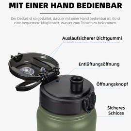 Fanhaw Insulated Water Bottle with Flip Lid, Double Walled Vacuum Reusable Leak Proof Insulation Cold 24 Hours and 12 Hours Hot, Dishwasher Safe (Olive Green)