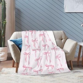 Pink Bow Fuzzy Blanket Cute Bowknot Throw Blanket Bowtie Cozy Flannel Blanket for Home Bed Sofa, 50 x 60 Inch
