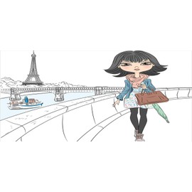 Lunarable Eiffel Tower Pencil Pen Holder, Doodle Girl in Paris with Clothes and Umbrella Seine, Ceramic Pencil Holder for Desk Office Accessory, 3.6" X 3.2", Multicolor