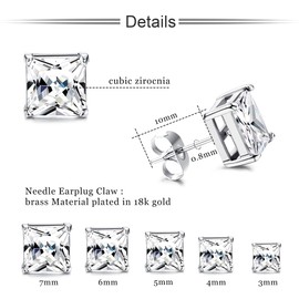 Kakonia 5 Pairs of Square Stud Earrings for Men Women Princess Cut Zirconia Stud Earrings Stainless Steel Stud Earrings 3-7 mm, Stainless Steel, Zircon