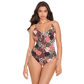 Skinny Dippers Jellyroll Rosalina Underwire Ruffle Neckline One Piece Swimsuit, Black, Small