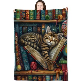 Tabby Cat in Bookshelf Throw Blanket for Adults Kids, 50x60 in, Kitten Theme Flannel Blankets for Bedroom, Couch, Travel, Home Decor, Fuzzy Soft Cozy Warm Gifts