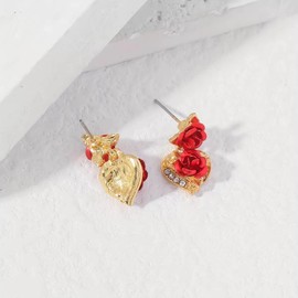 Rose Heart Dangle Earrings, Gold Tone with Red Rose and Crystal Accents, Drop Earrings for Women