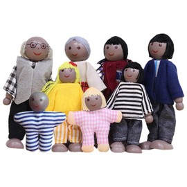 DAVBNM Sets of 7 Wooden Dolls House Family Dolls Toys, Wooden Doll House, Lovely Happy Family Doll Playset DollHouse Accessories