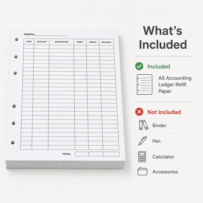 Accounting Ledger Sheets, A5 6-Hole Ledger Paper Refill, 50 Count