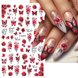 5 Sheets Colorful Butterfly Flowers Nail Art Stickers Decals 3D Self-Adhesive Spring Freshness Butterfly Rose Nail Decals Floral Pattern Nail Supplies for Women Nails Art DIY Decoration