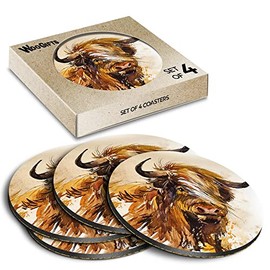 4 x Round Coasters - Highland Cow Cattle Art Cork Backed MDF Glossy Tea Coffee Accessory #51156